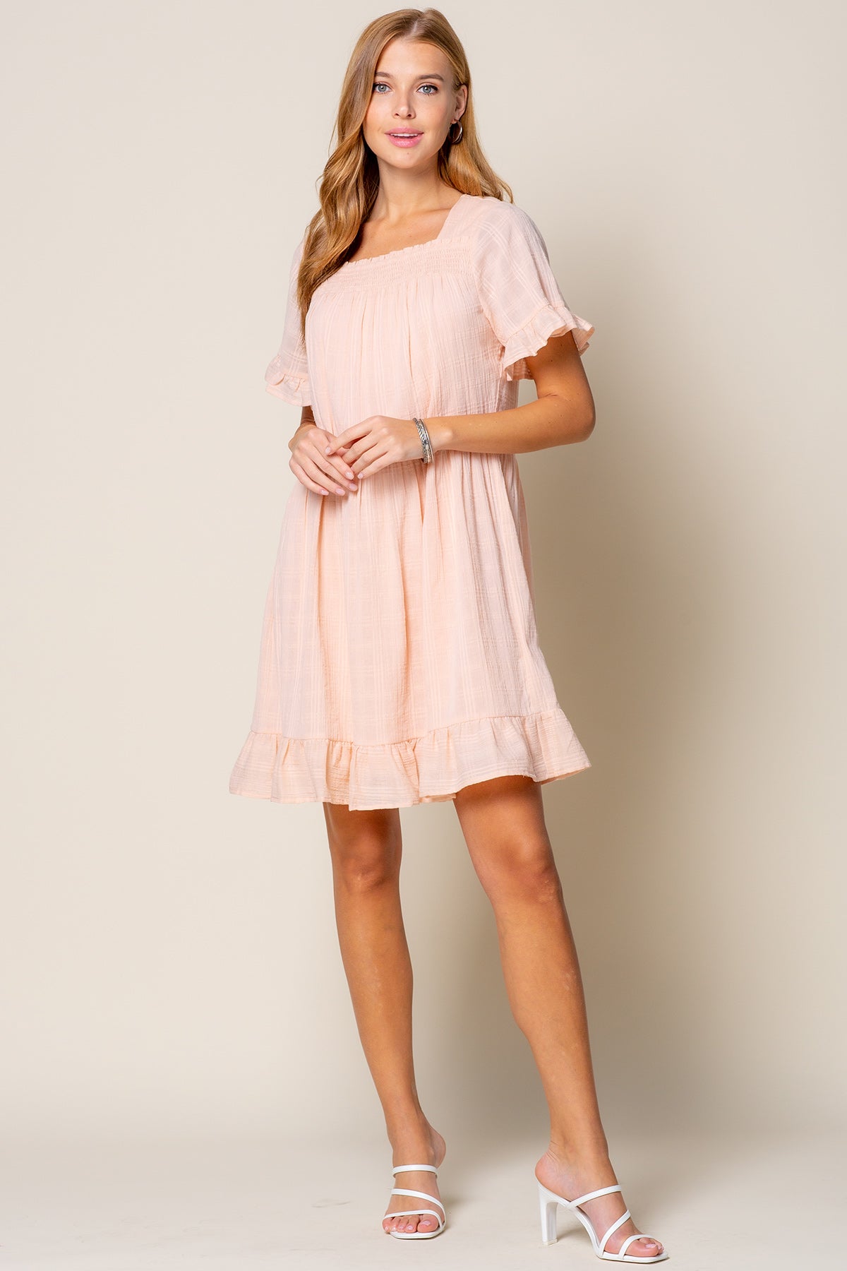 Cocktail Dresses Short Sleeve Ruffle Detail Tunic Dress Blush