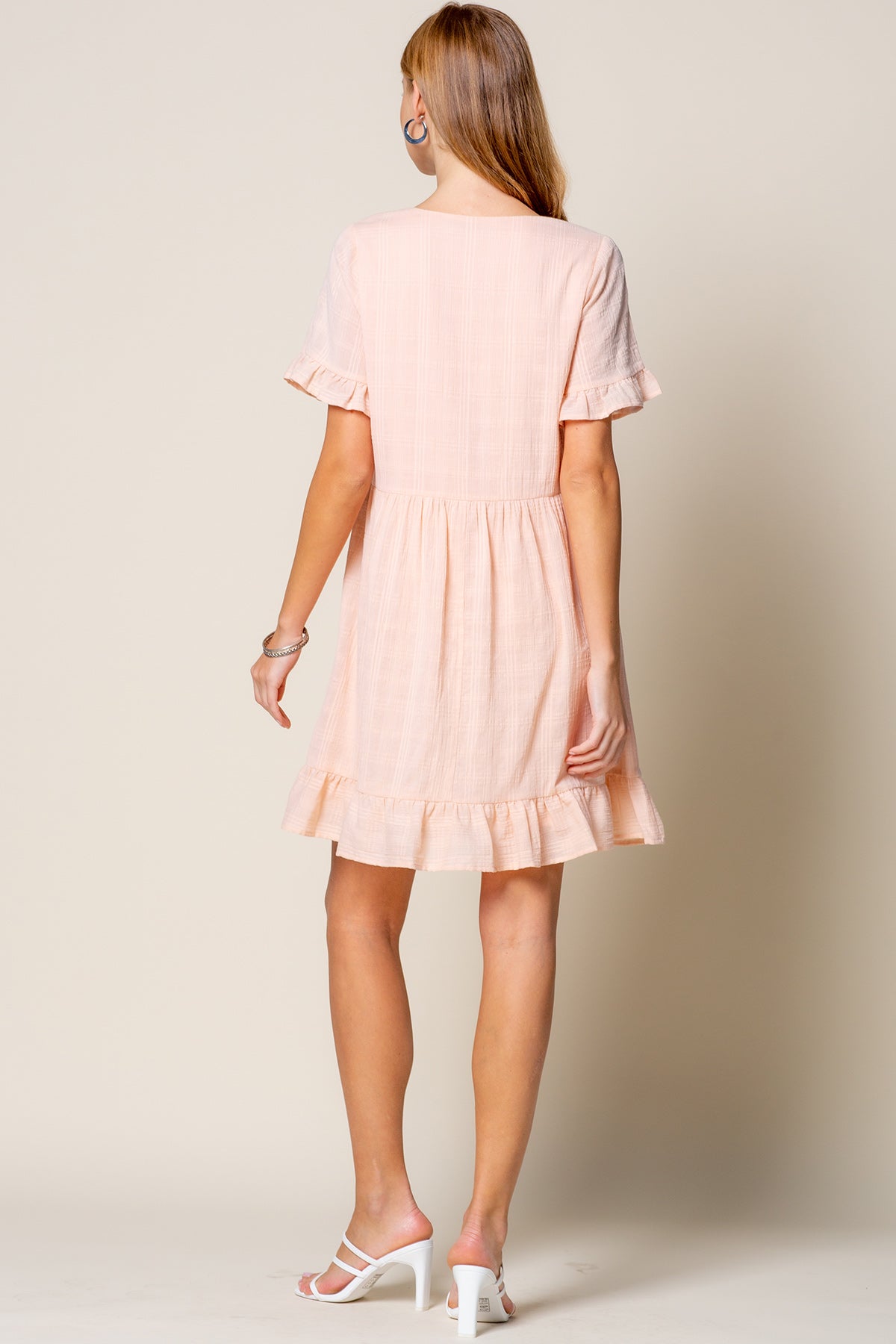 Cocktail Dresses Short Sleeve Ruffle Detail Tunic Dress Blush