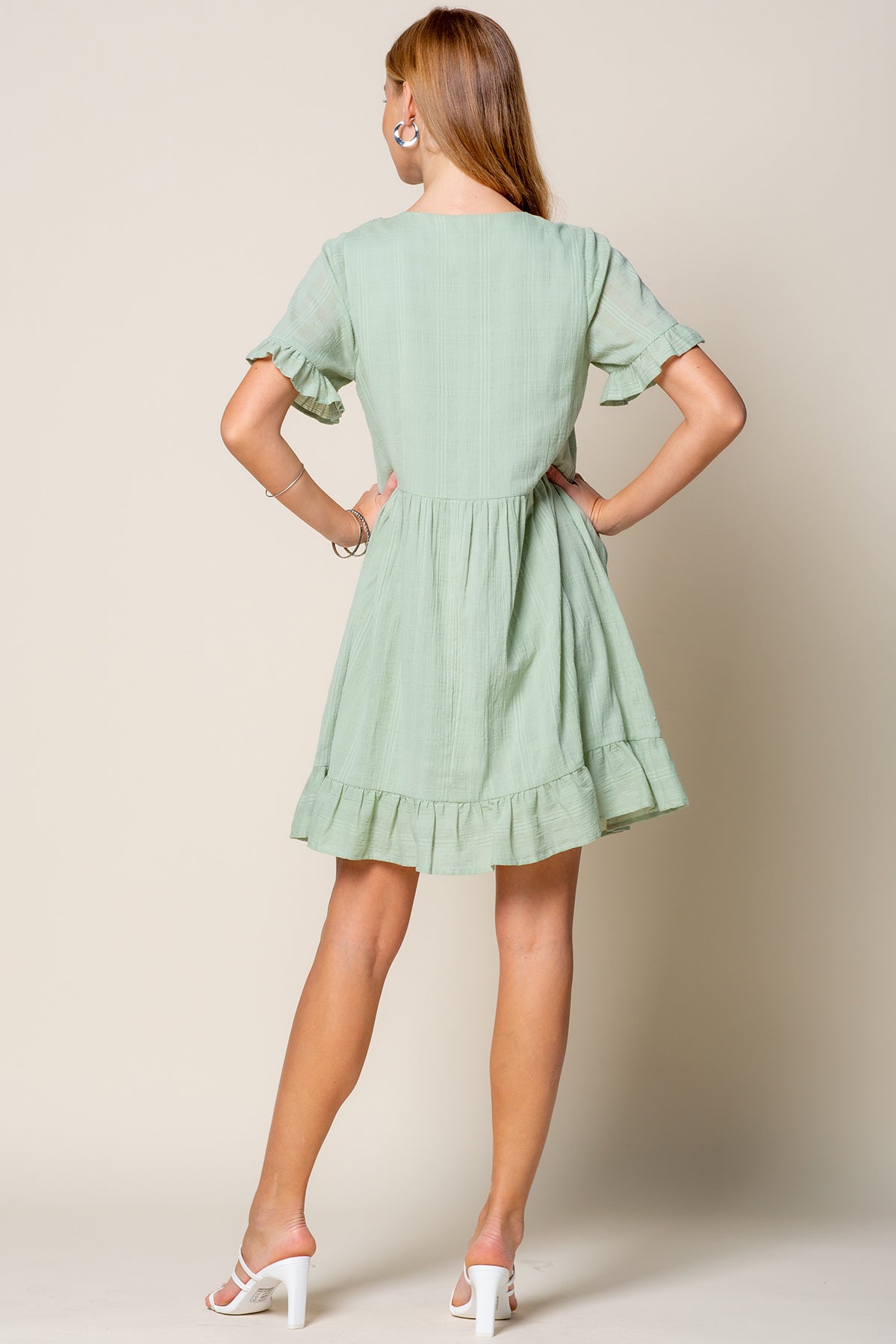 Cocktail Dresses Short Sleeve Ruffle Detail Tunic Dress Sage