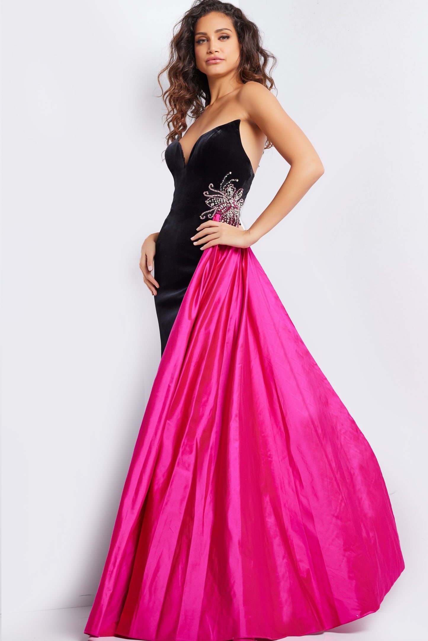 Prom Dresses Fitted Side Brooch Long Prom Dress Black/Fuchsia