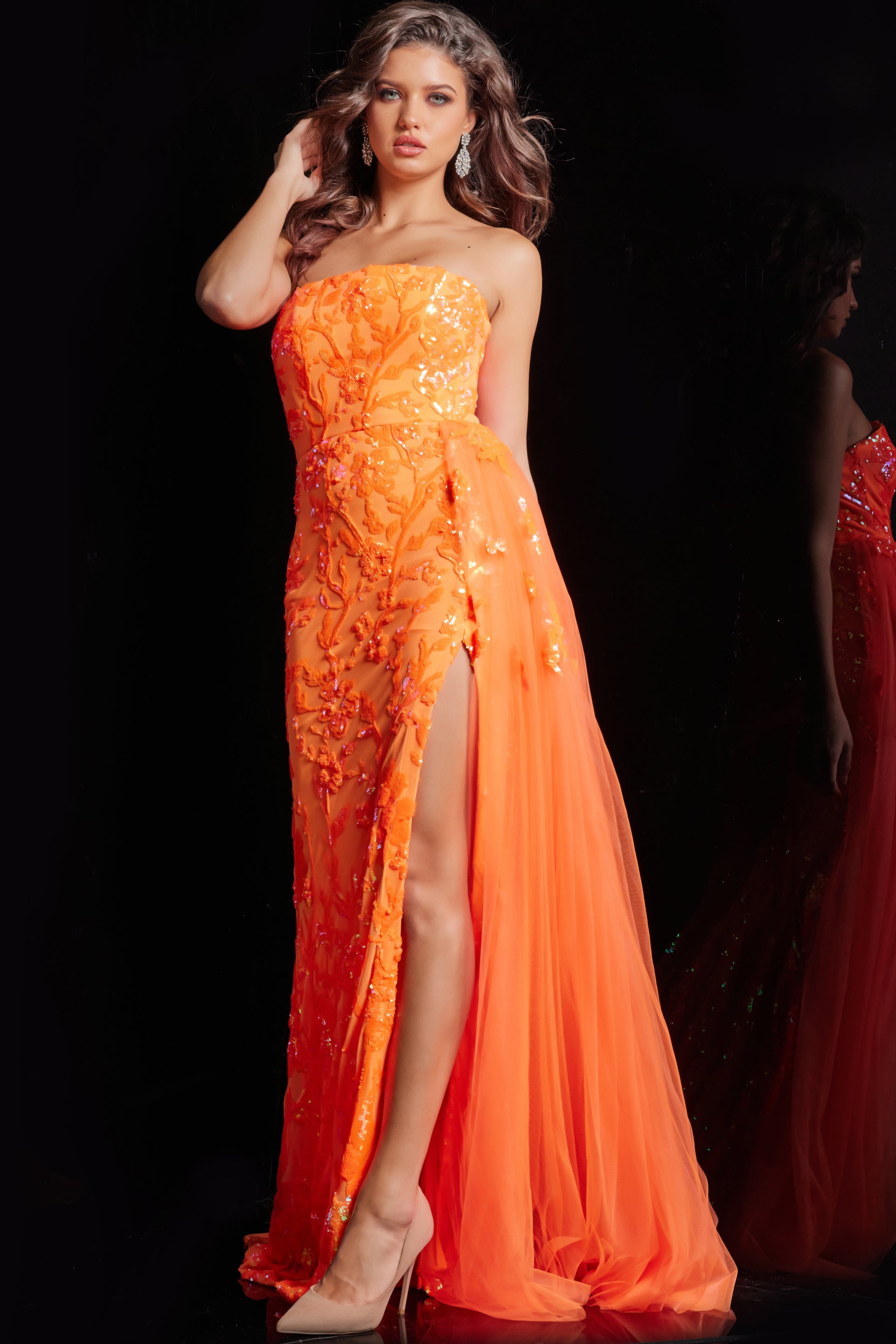 Jovani 26134 Side Tail Fitted Long Formal Prom Dress Neon Orange 10