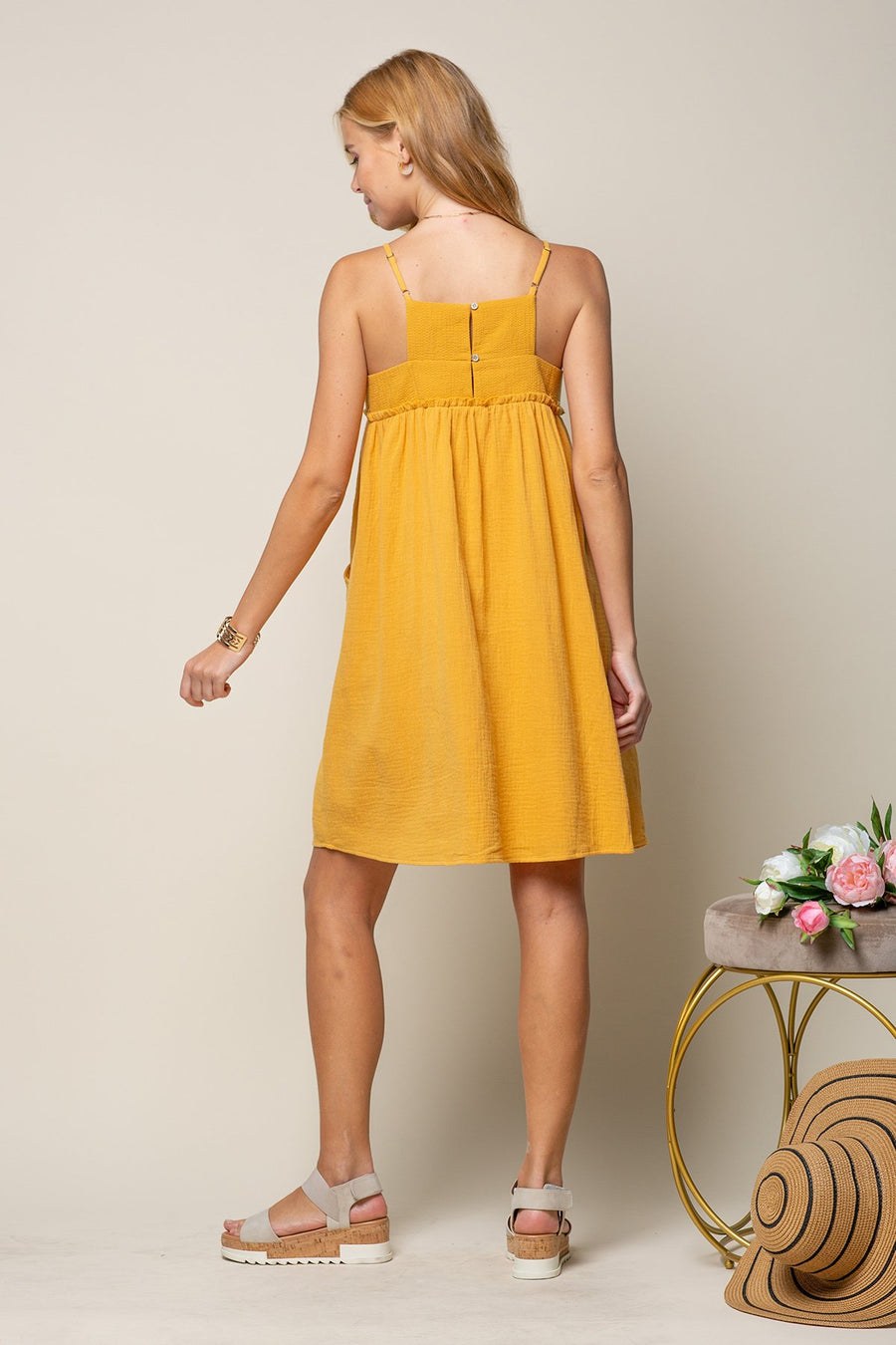 Cocktail Dresses Short Embroidered York Gauze Sur Dress Mustard