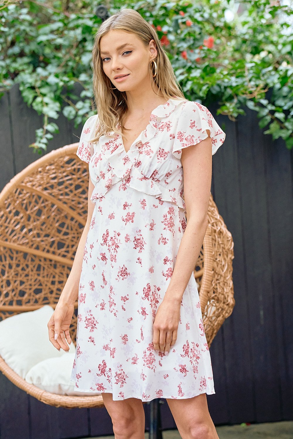 Cocktail Dresses Short Floral Ruffle Dress Ivory/Rose