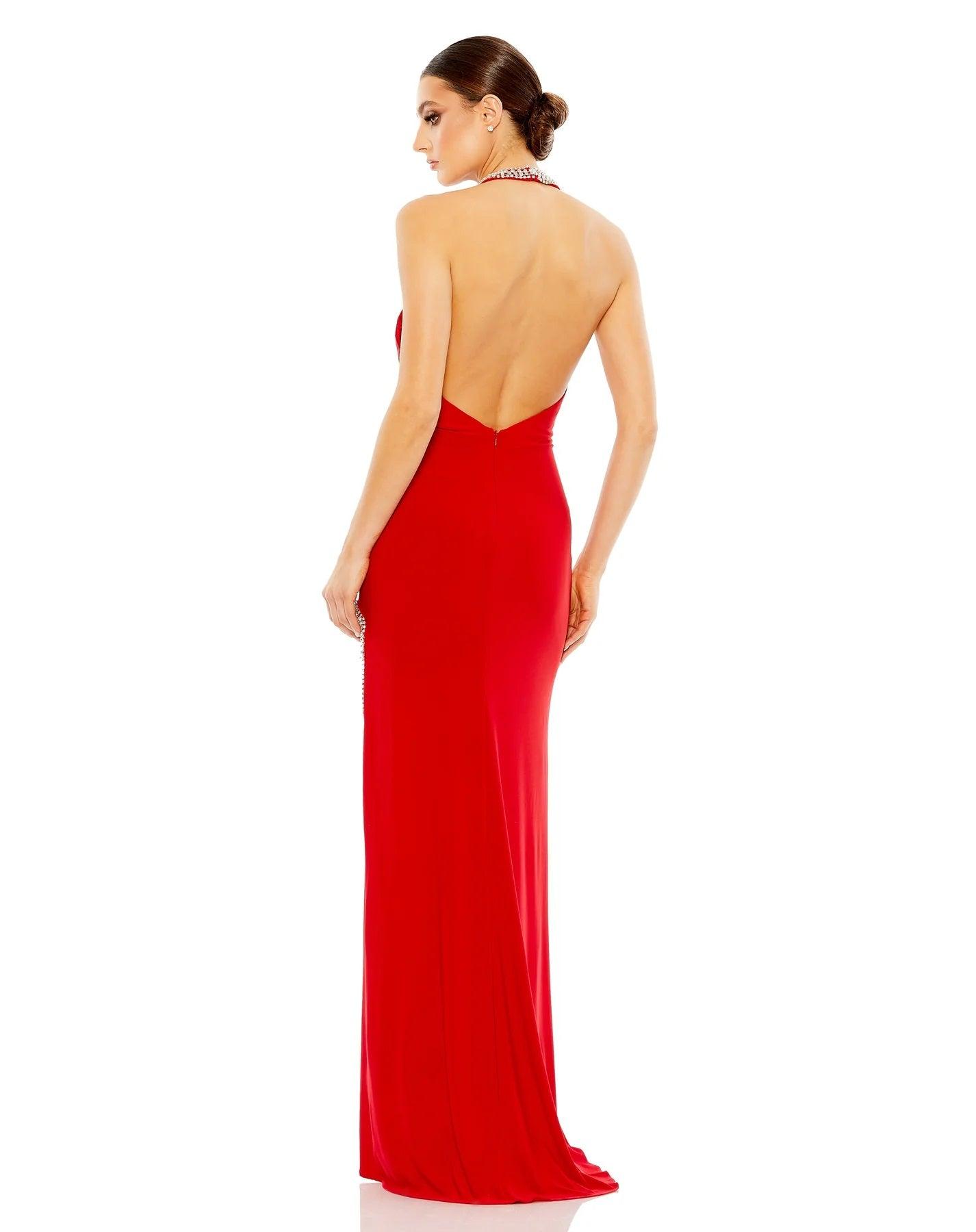 Mac Duggal 26533 Long Halter Formal Prom Dress Red