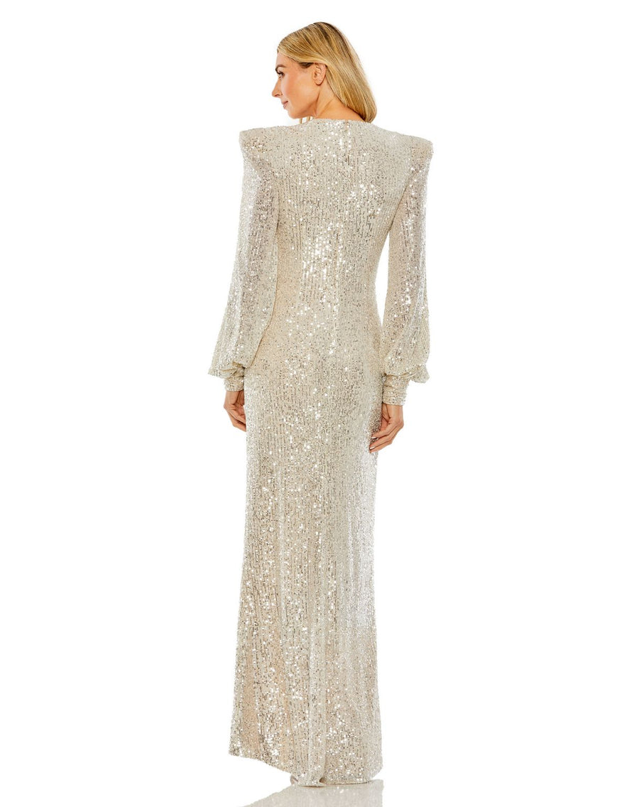 Formal Dresses Long Sleeve Sequin Evening Formal Dress Nude Silver