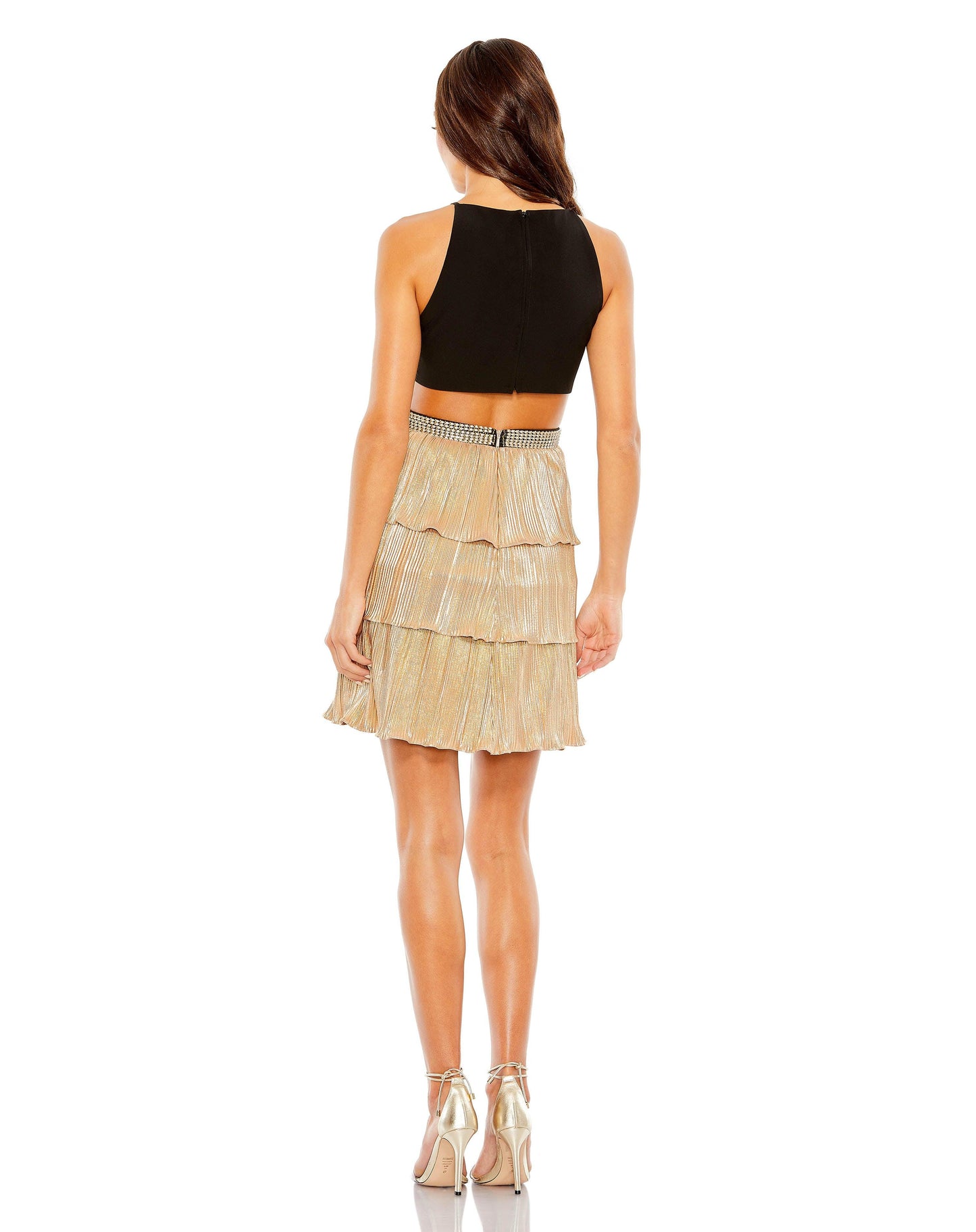 Cocktail Dresses Short Metallic Pleated Cocktail Dress Black Gold