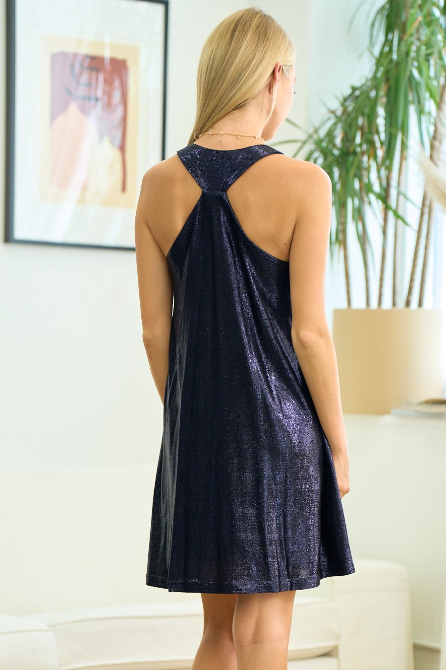 Cocktail Dresses Short Sleeveless Metallic Dress Midnight Blue