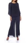 Pant Suit Pleated Chiffon Illusion Wing Sleeve Pant Set Navy