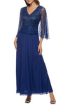 Mother of the Bride Dresses Long Sleeve Beaded Capelet Chiffon Dress Navy