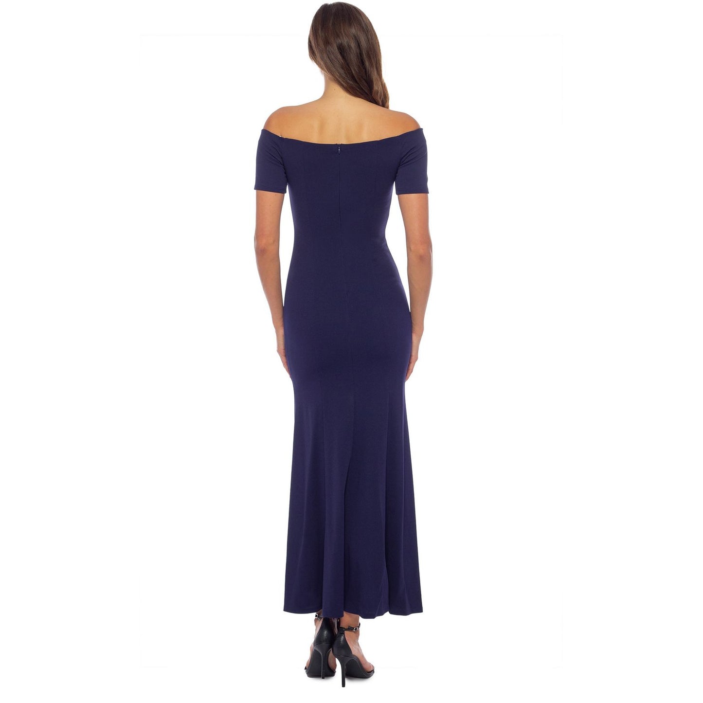 Formal Dresses Short Sleeve Off Shoulder Scuba Crepe Long Dress Navy