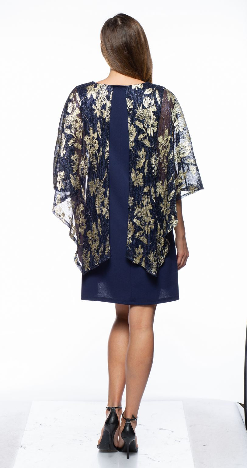 Pant Suit Short Mettalic Print Cape Dress Navy Gold