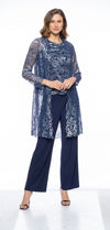 Pant Suit Long Sleeve Lace Jacket Top 3 Piece Pant Set Navy Silver