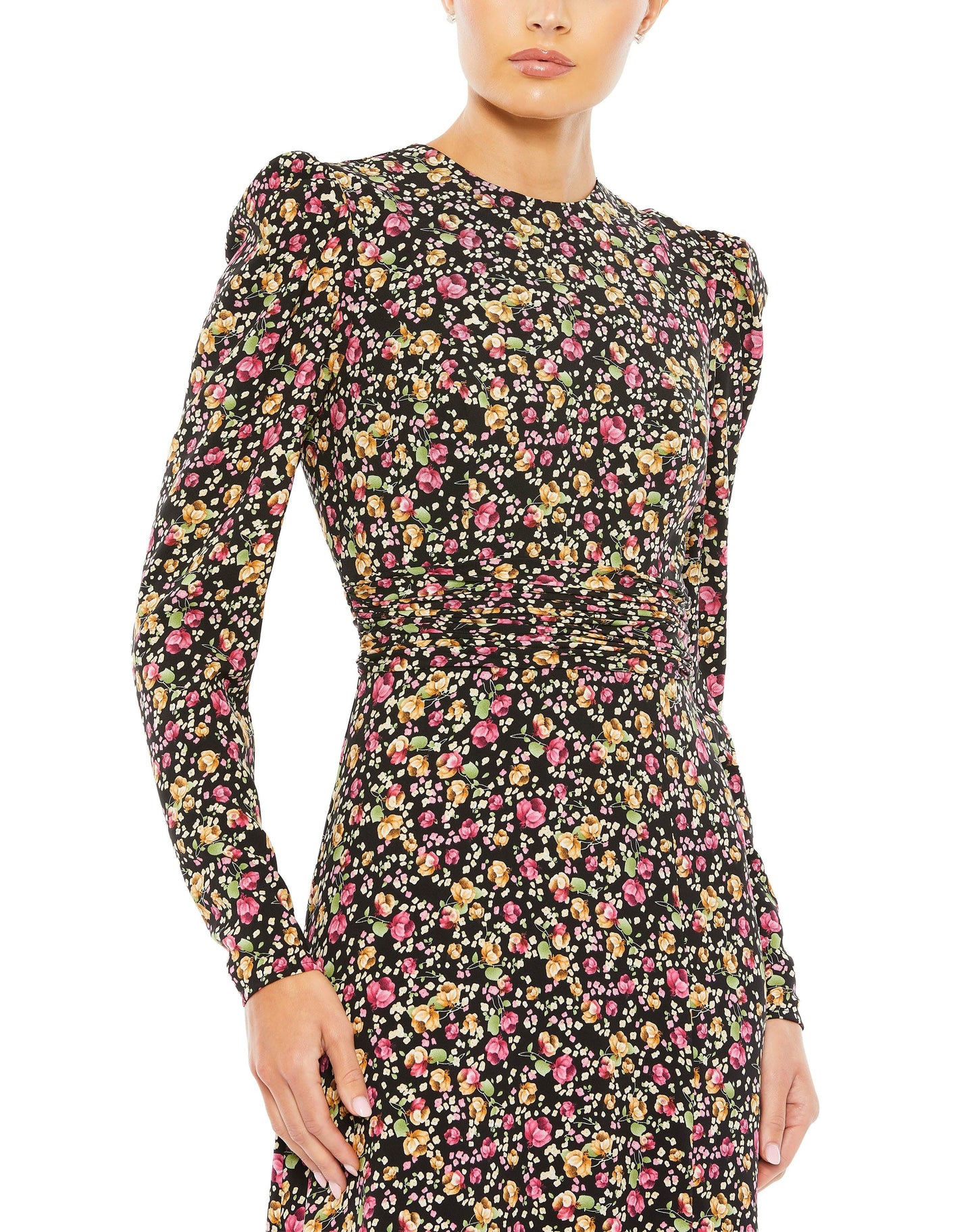 Formal Dresses Long Sleeve Floral Print Formal Dress Black Multi