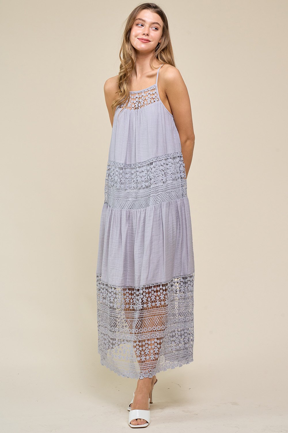 Cocktail Dresses Lace Spaghetti Strap Midi Dress Light Grey