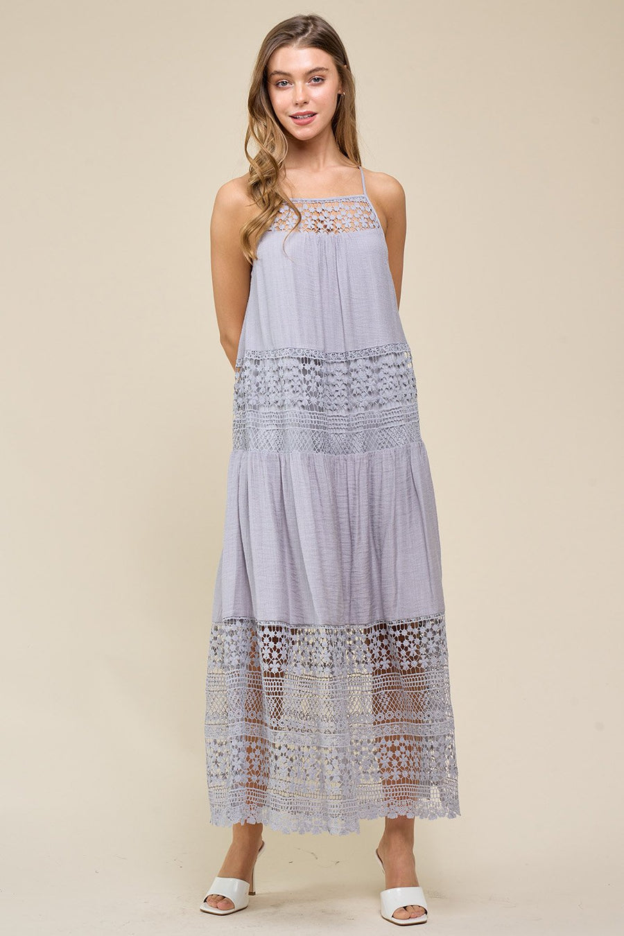 Cocktail Dresses Lace Spaghetti Strap Midi Dress Light Grey