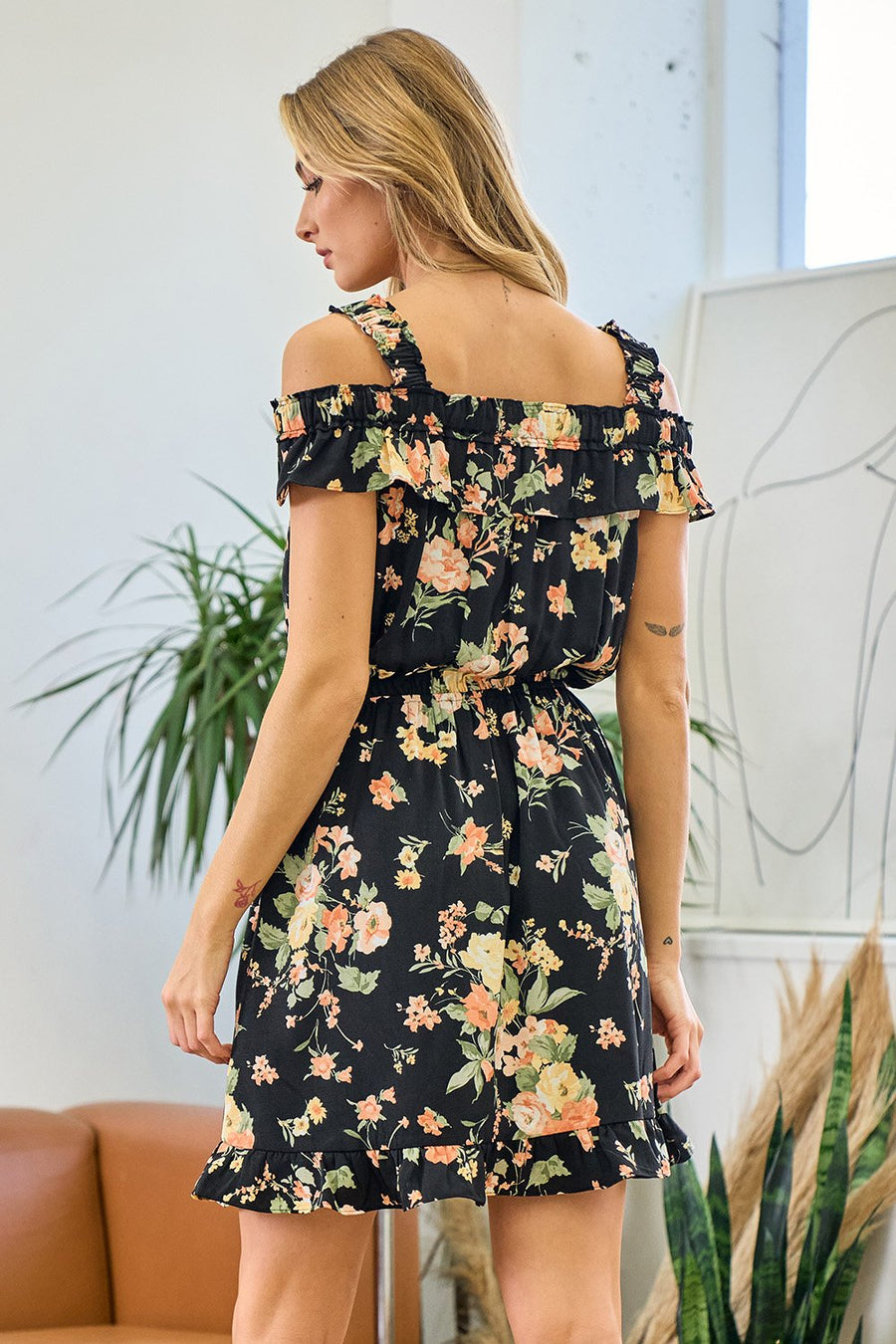 Cocktail Dresses Short Off Shoulder Floral Dress Black