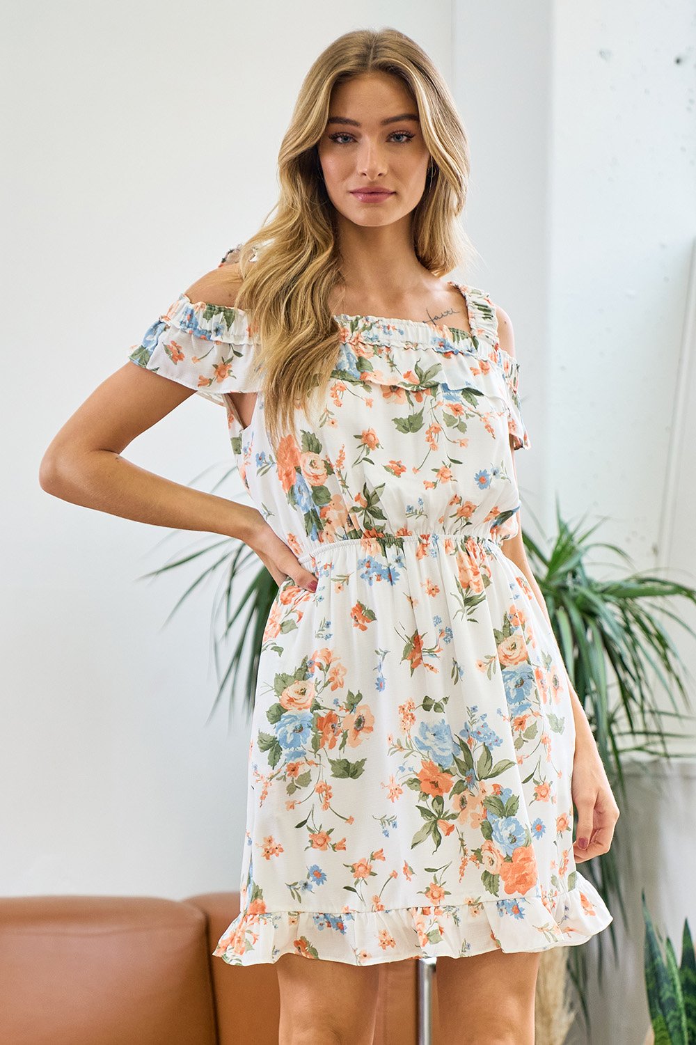 Cocktail Dresses Short Off Shoulder Floral Dress Off White