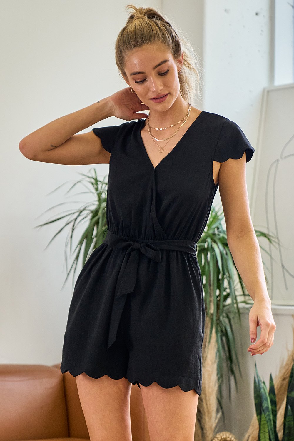 Jumpsuit Short V Neck Scallop Romper Black