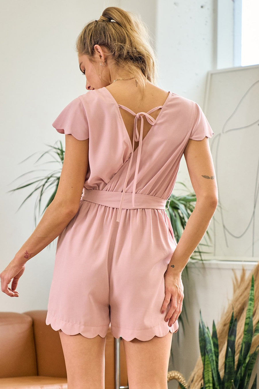 Jumpsuit Short V Neck Scallop Romper Mauve