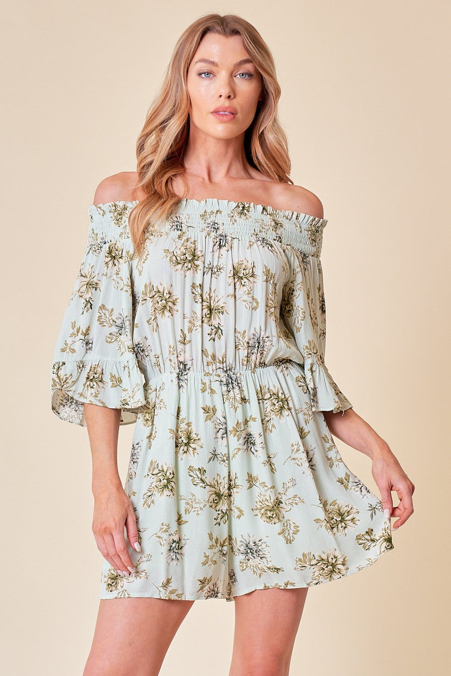 Jumpsuit Short Floral Off Shoulder Romper  Mint