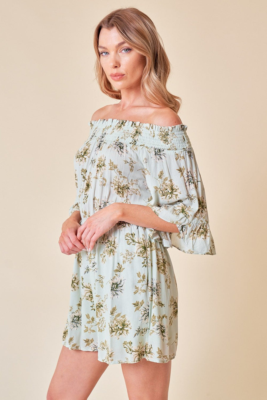 Jumpsuit Short Floral Off Shoulder Romper  Mint