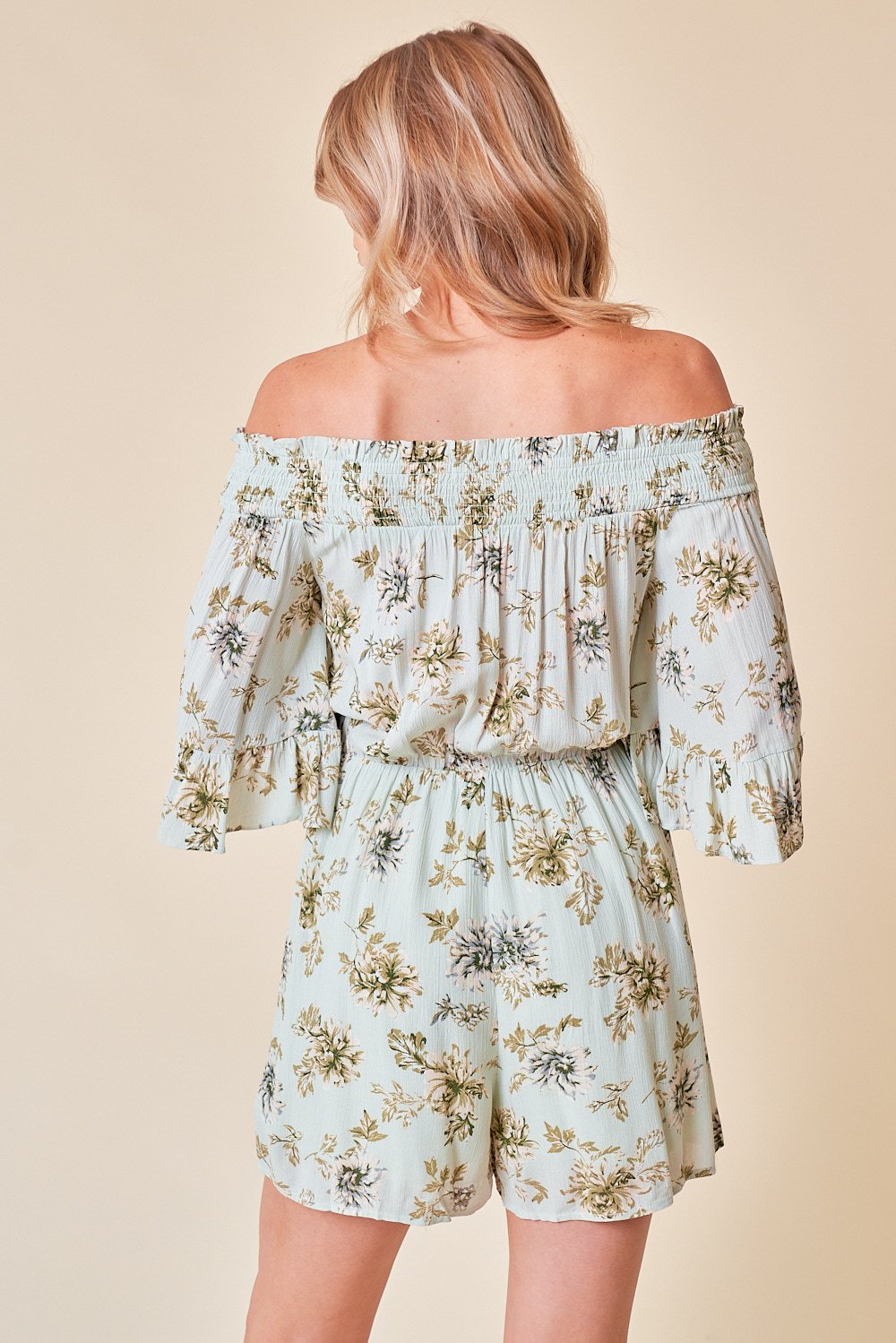 Jumpsuit Short Floral Off Shoulder Romper  Mint