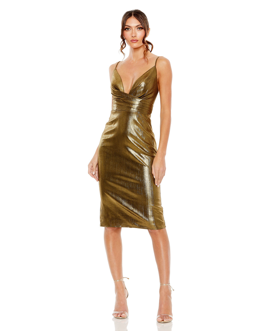 Formal Dresses Knee Length Pleated Metallic Cocktail Dress Antique Gold