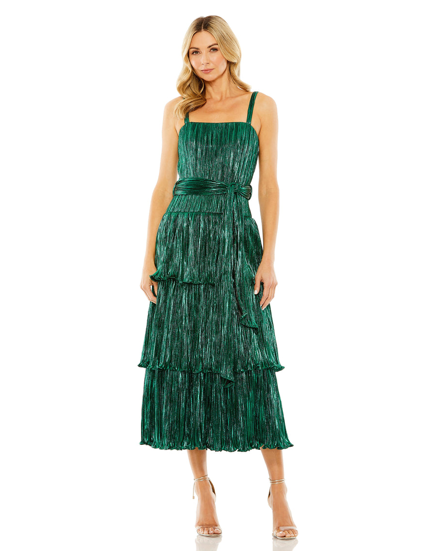 Formal Dresses A Line Pleated Metallic Tea Length Cocktail Dress Emerald