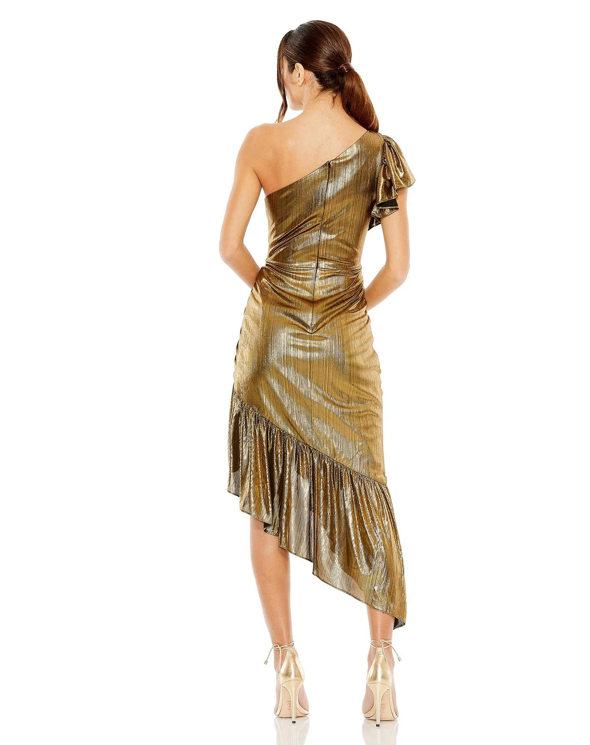 Cocktail Dresses One Shoulder Flutter Sleeve High Low Dress Antique Gold