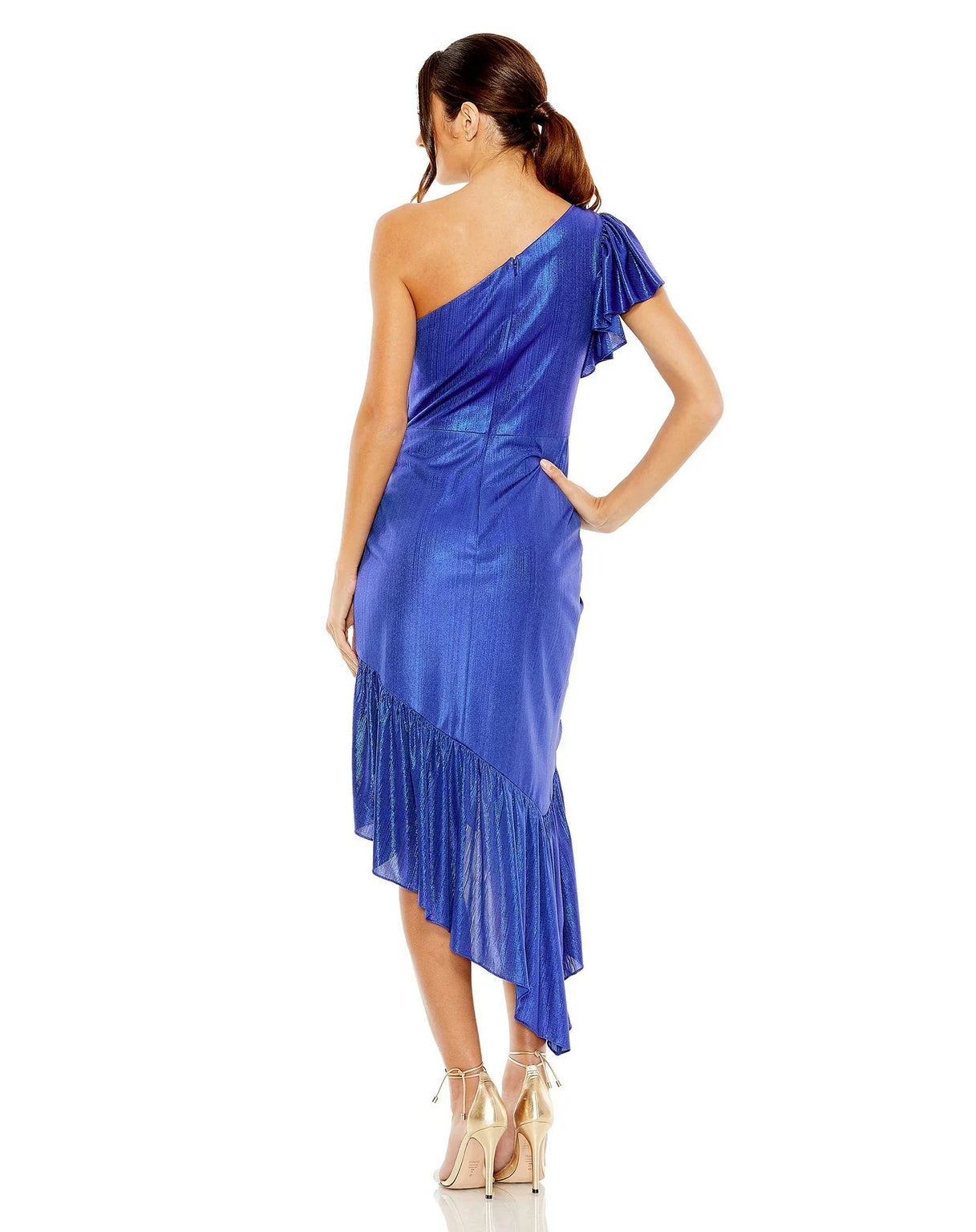 Cocktail Dresses One Shoulder Flutter Sleeve High Low Dress Cobalt