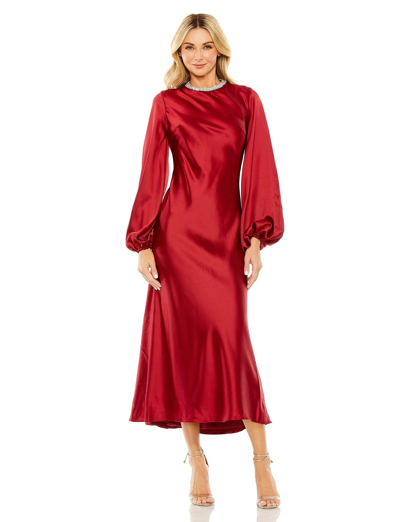 Wine Mac Duggal 27350 Long Sleeve Satin Tea Length Dress for $398.0 ...