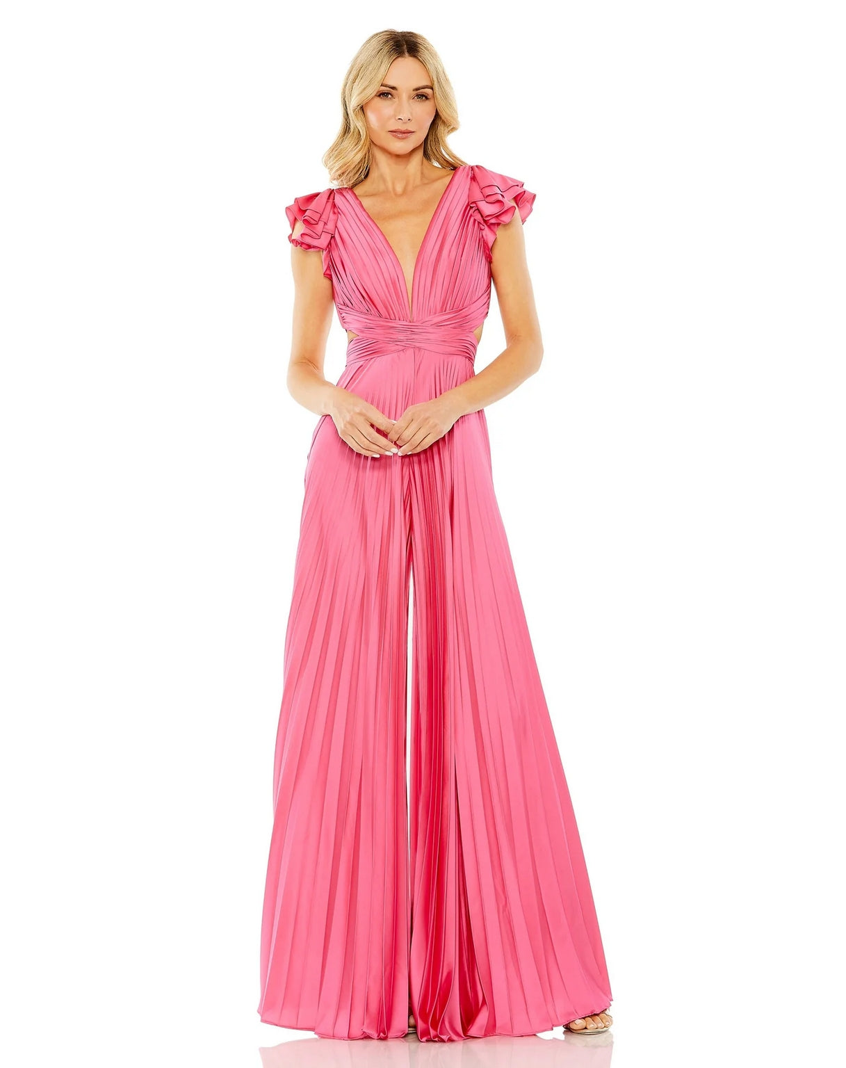 Jumpsuit Ruffle Cap Sleeve Cutout Heat Pleated Jumpsuit Candy Pink