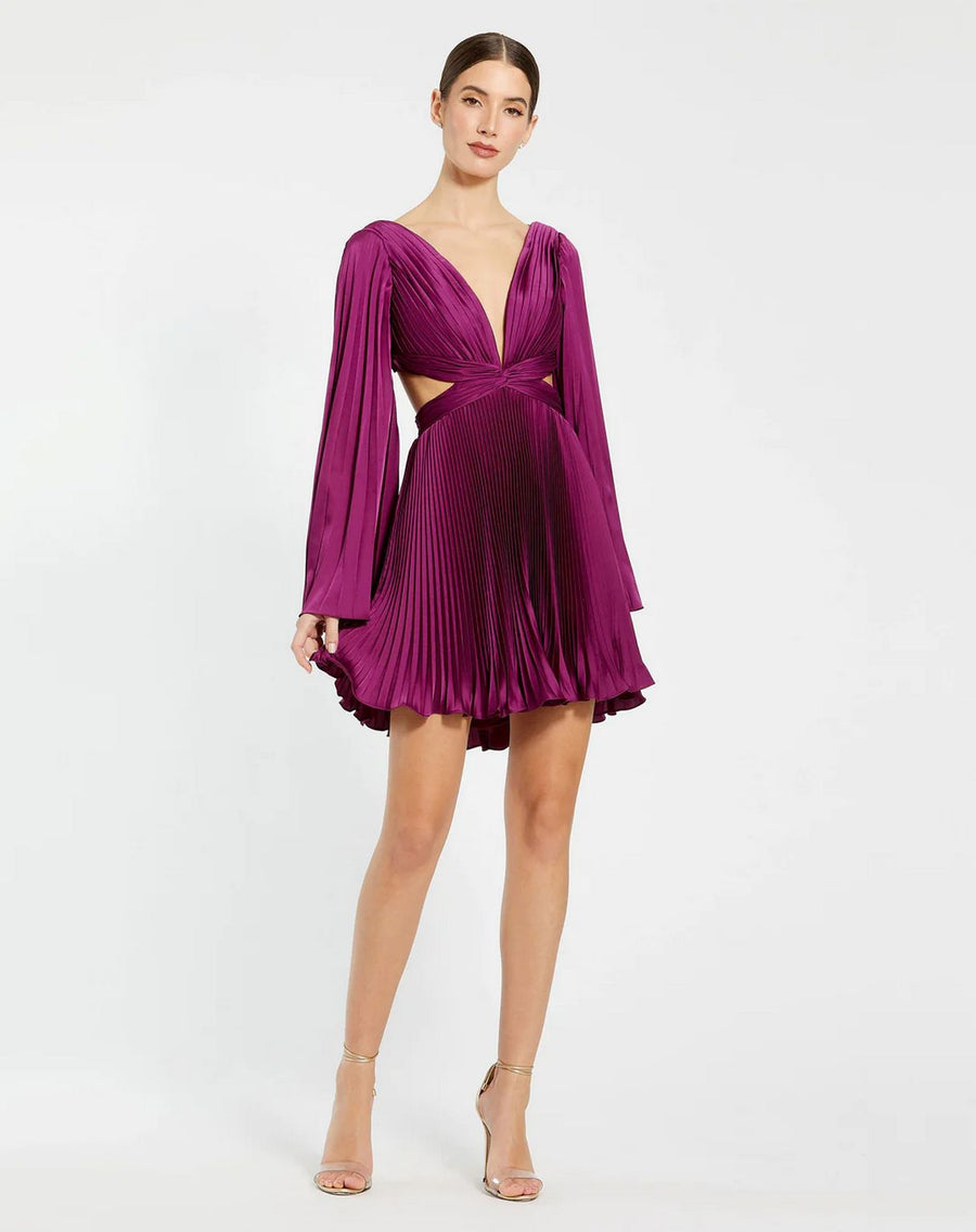 Cocktail Dresses Long Bell Sleeve Pleated Short Dress Magenta