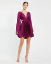 Cocktail Dresses Long Bell Sleeve Pleated Short Dress Magenta