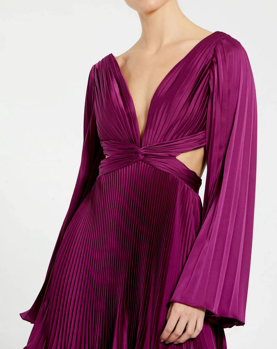 Cocktail Dresses Long Bell Sleeve Pleated Short Dress Magenta