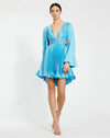 Cocktail Dresses Long Bell Sleeve Pleated Short Dress Turquoise