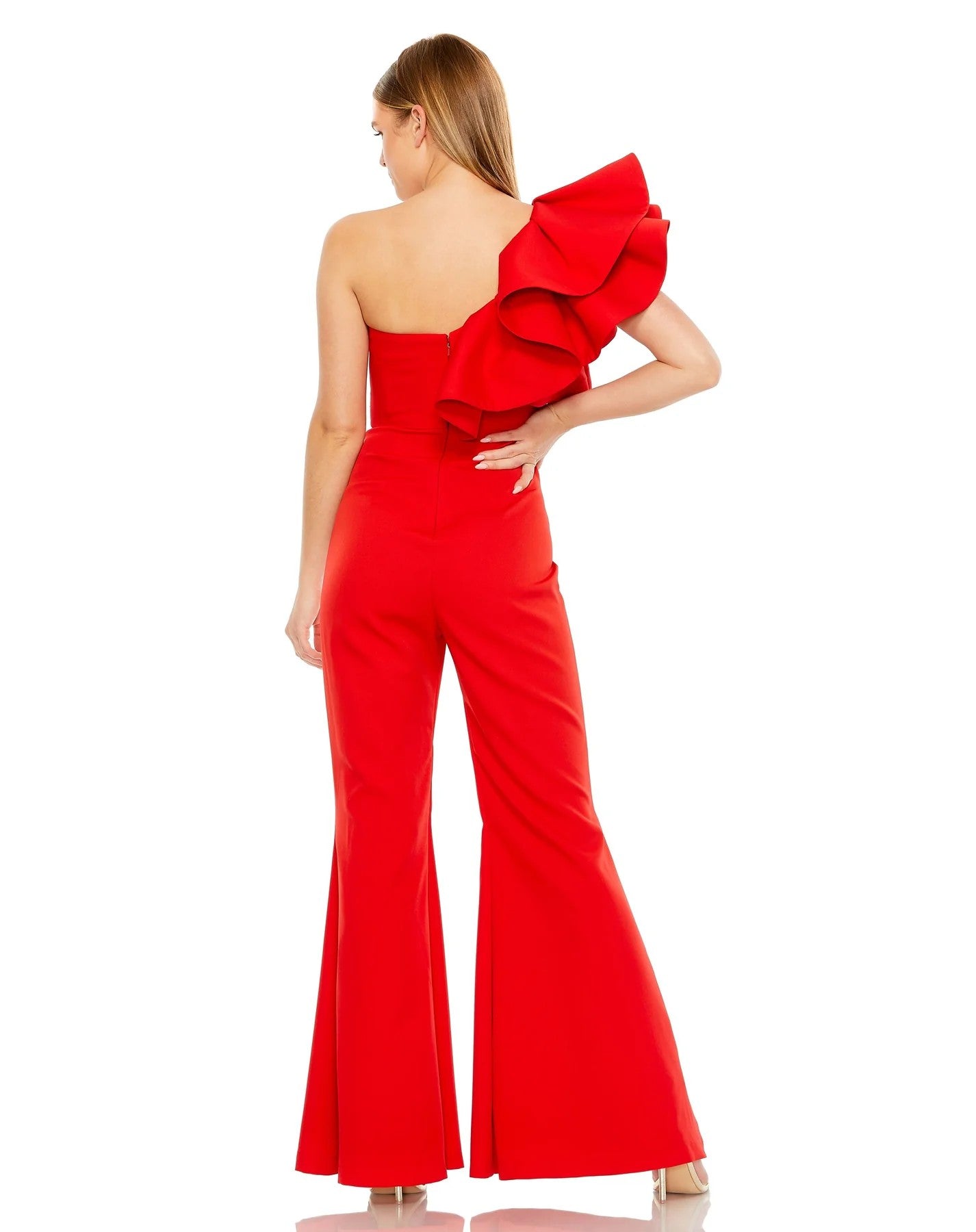 Jumpsuit One Shoulder Ruffle Detail Flare Pant Jumpsuit Red