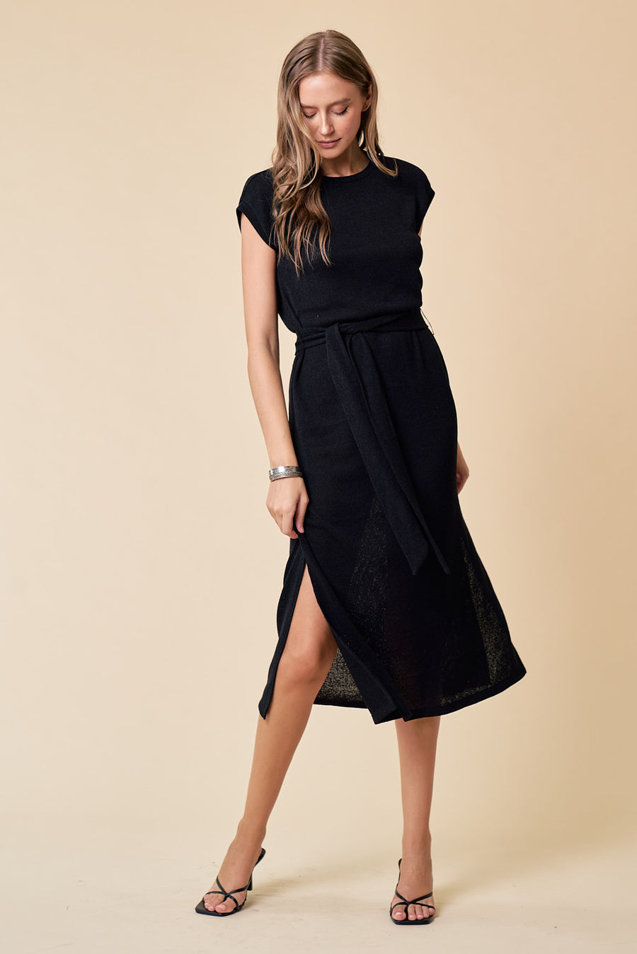 Cocktail Dresses Short Sleeve Midi Length Knit Dress Black