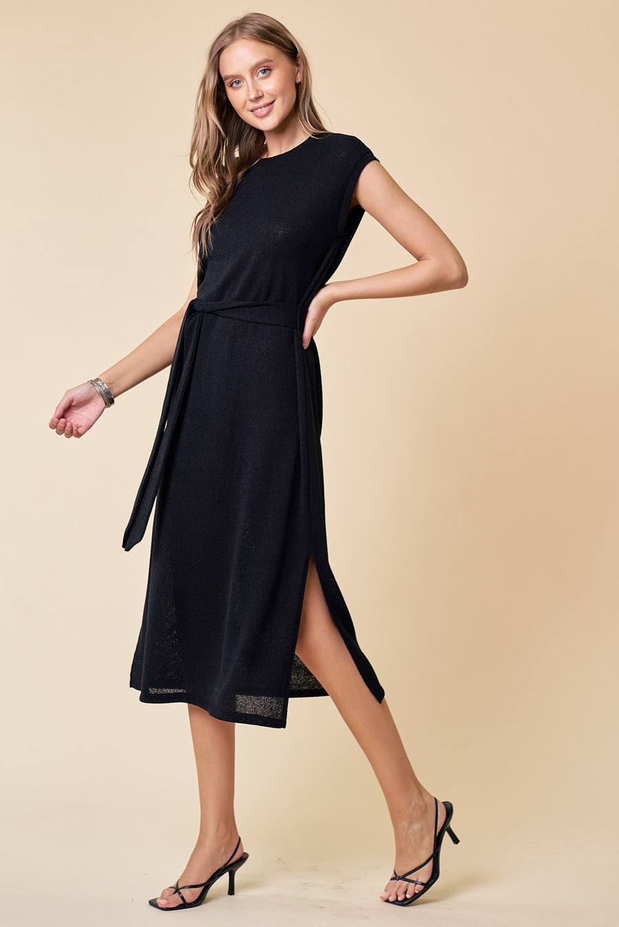 Cocktail Dresses Short Sleeve Midi Length Knit Dress Black