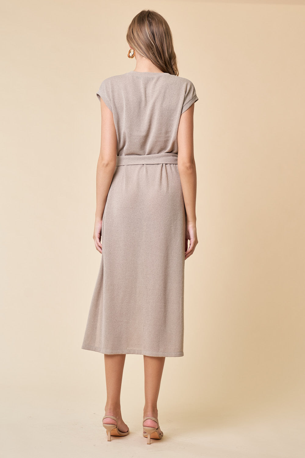 Cocktail Dresses Short Sleeve Midi Length Knit Dress Taupe