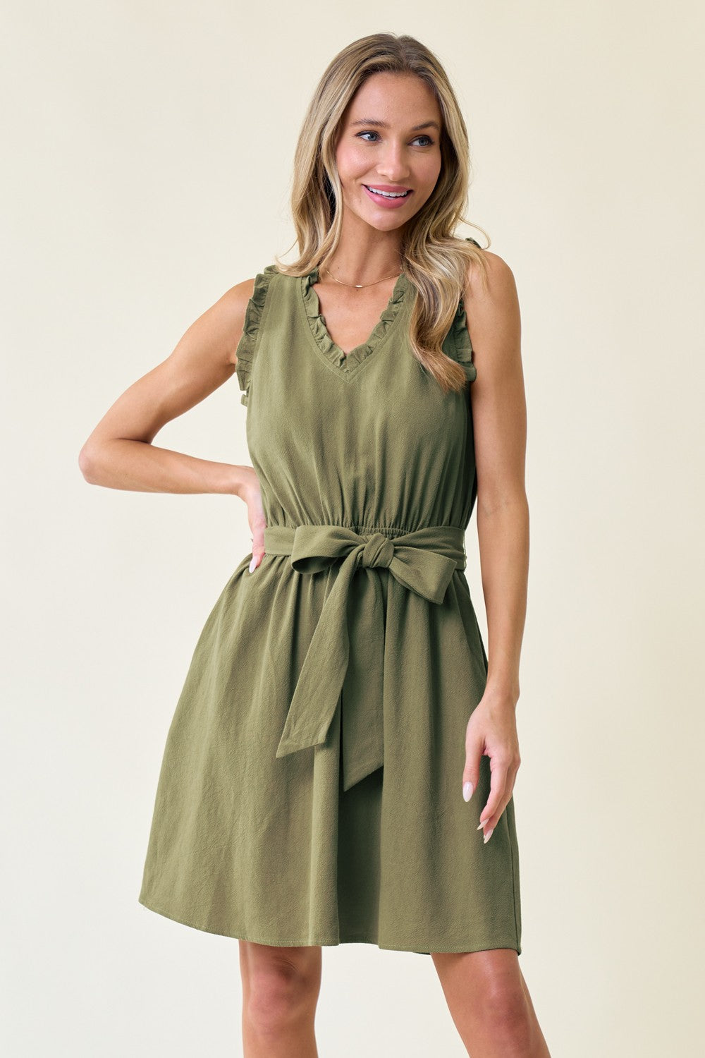 Cocktail Dresses Short Sleeveless V Neck Tie Front Dress Olive