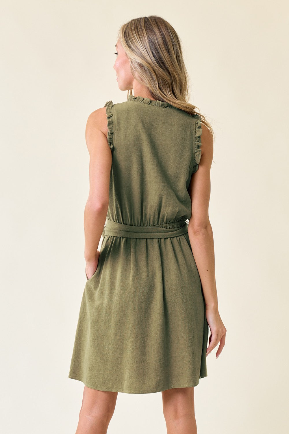 Cocktail Dresses Short Sleeveless V Neck Tie Front Dress Olive