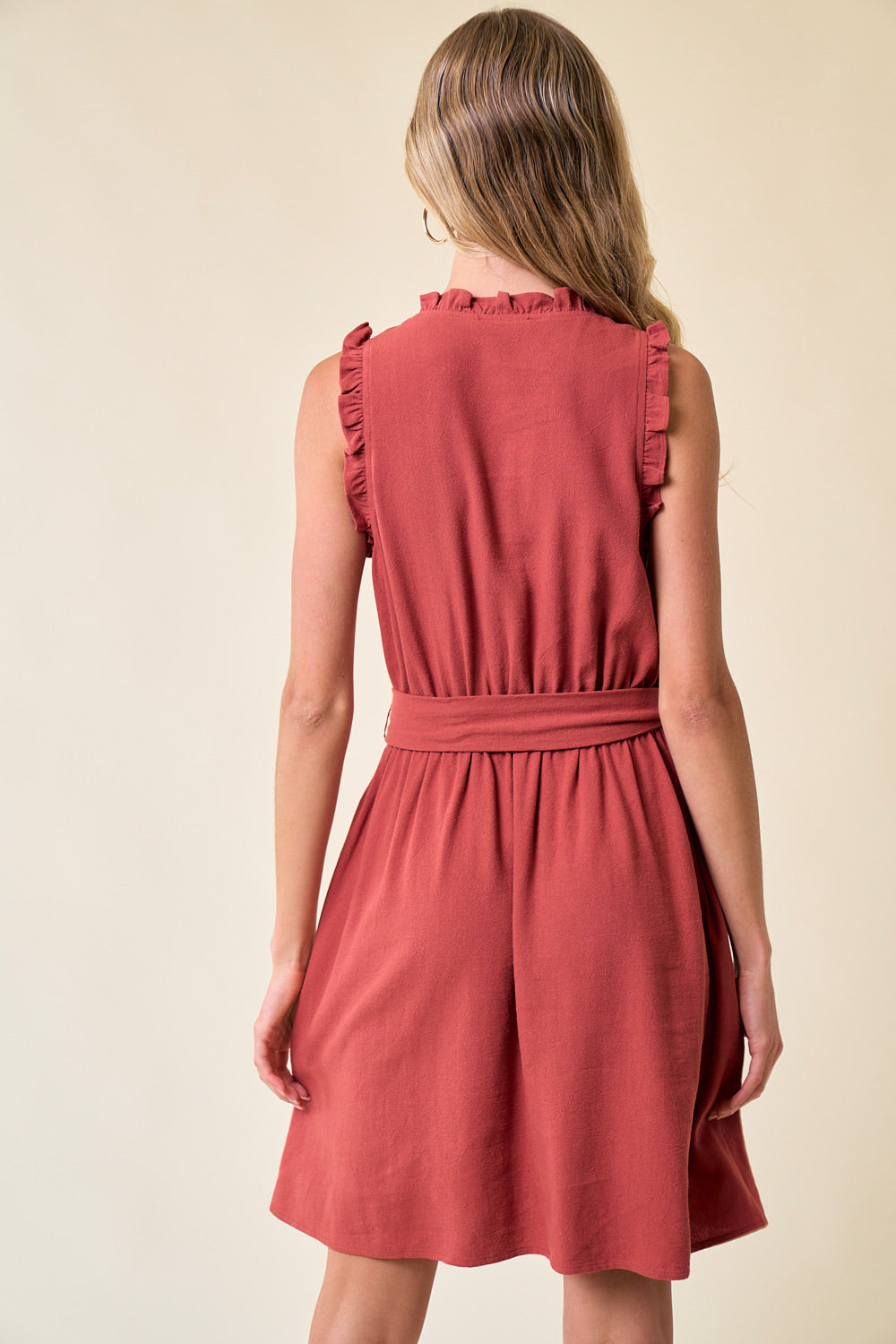 Cocktail Dresses Short Sleeveless V Neck Tie Front Dress Brick