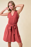 Cocktail Dresses Short Sleeveless V Neck Tie Front Dress Brick