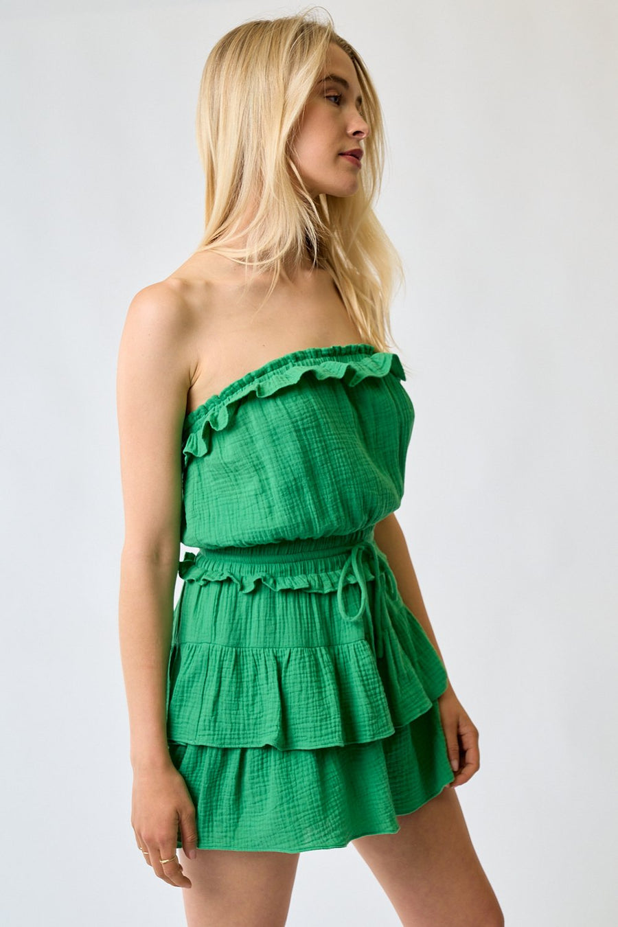 Jumpsuit Short Strapless Tiered Ruffle Romper Green Apple