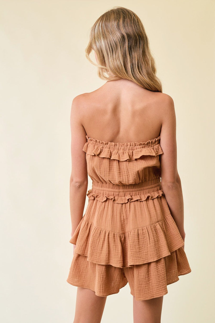 Jumpsuit Short Strapless Tiered Ruffle Romper Sand Stone