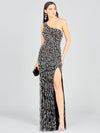 Prom Dresses One Shoulder Beaded Evening Gown Black Silver