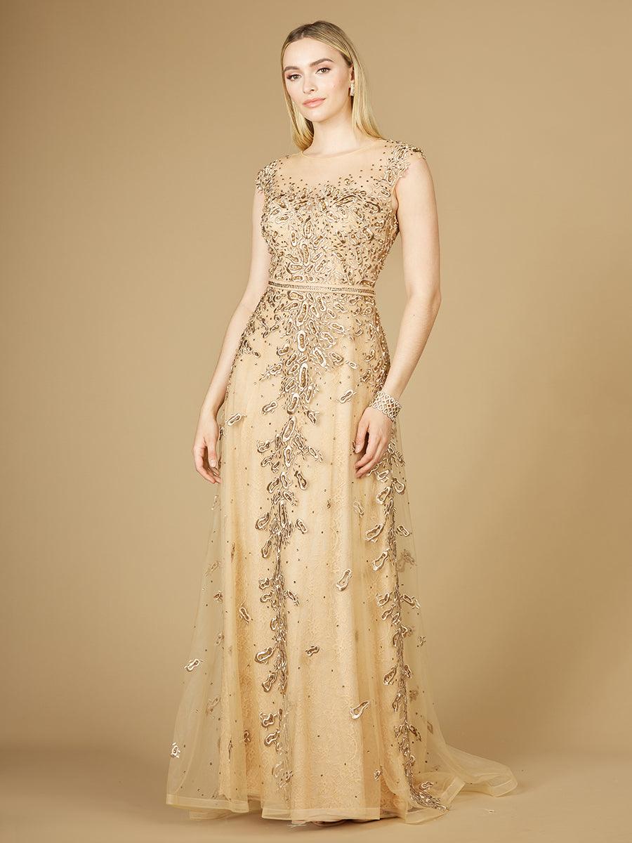 Prom Dresses Long Cap Sleeve Evening Gown Gold