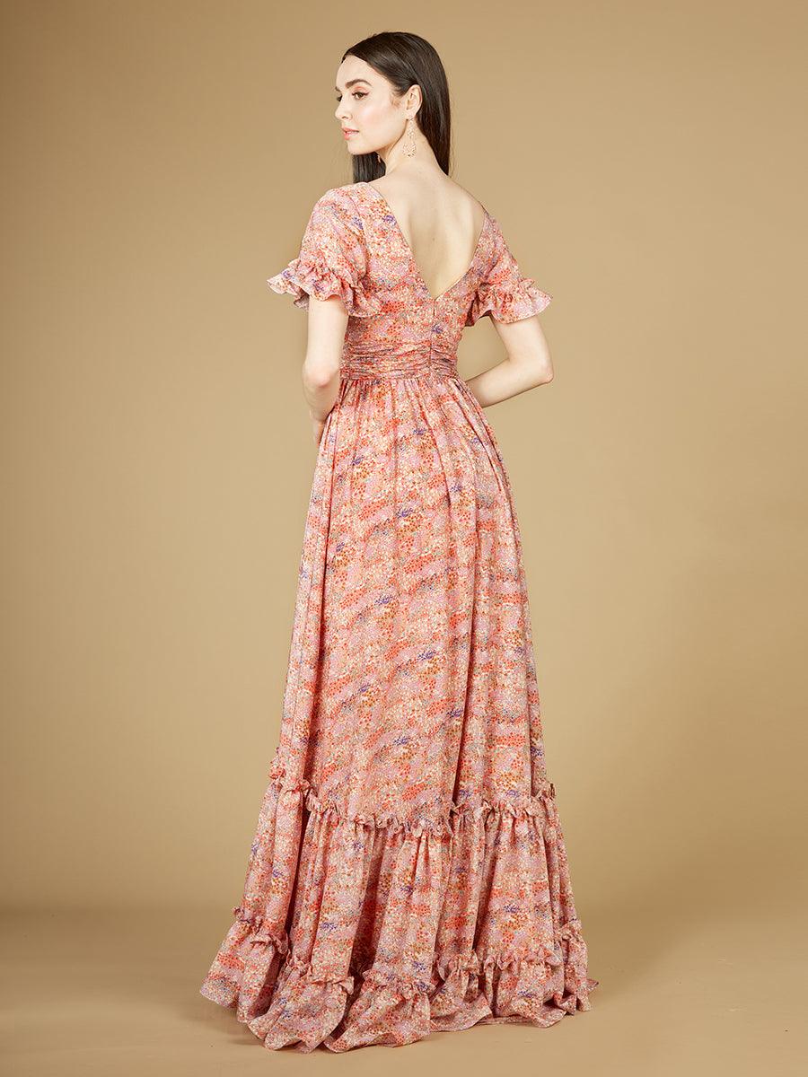 Formal Dresses Long Short Sleeve Print Gown Pink