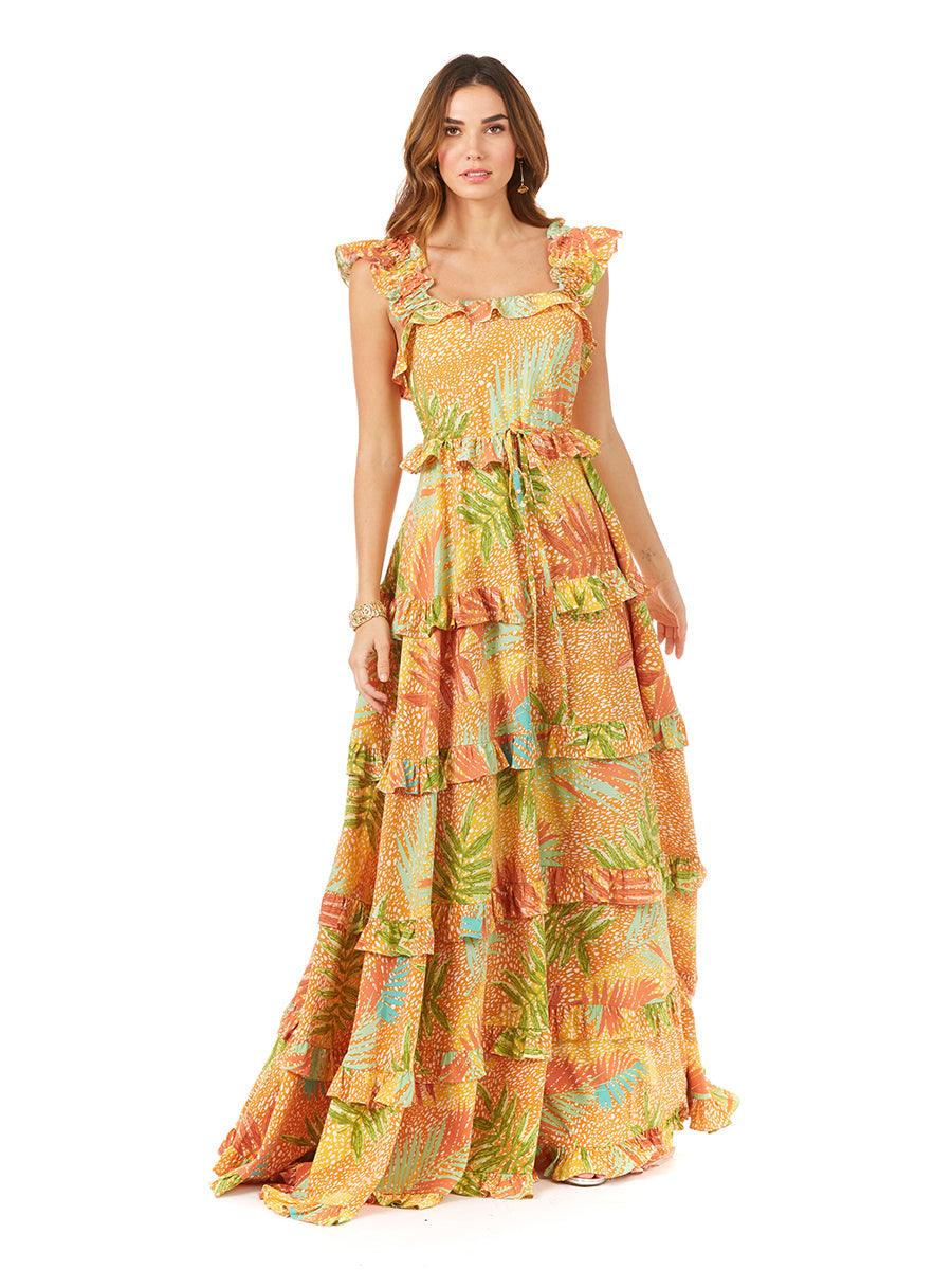 Formal Dresses Long Ruflled Printed Formal Dress Yellow